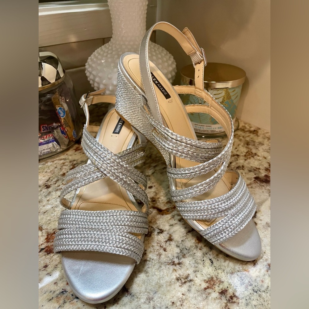 Alex Marie NEW Sera Silver Raffia Wedge Sandals - 8M